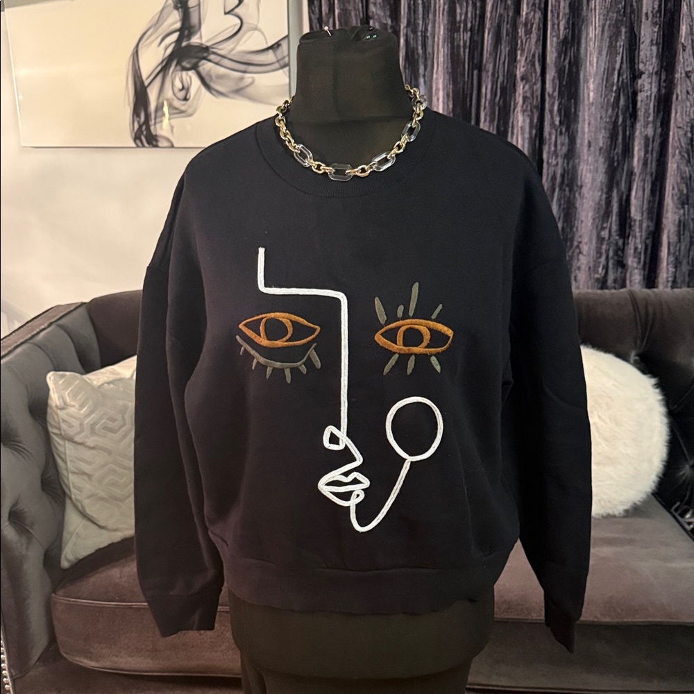 Zara Black Crewneck Sweater with Abstract Face Embroidery